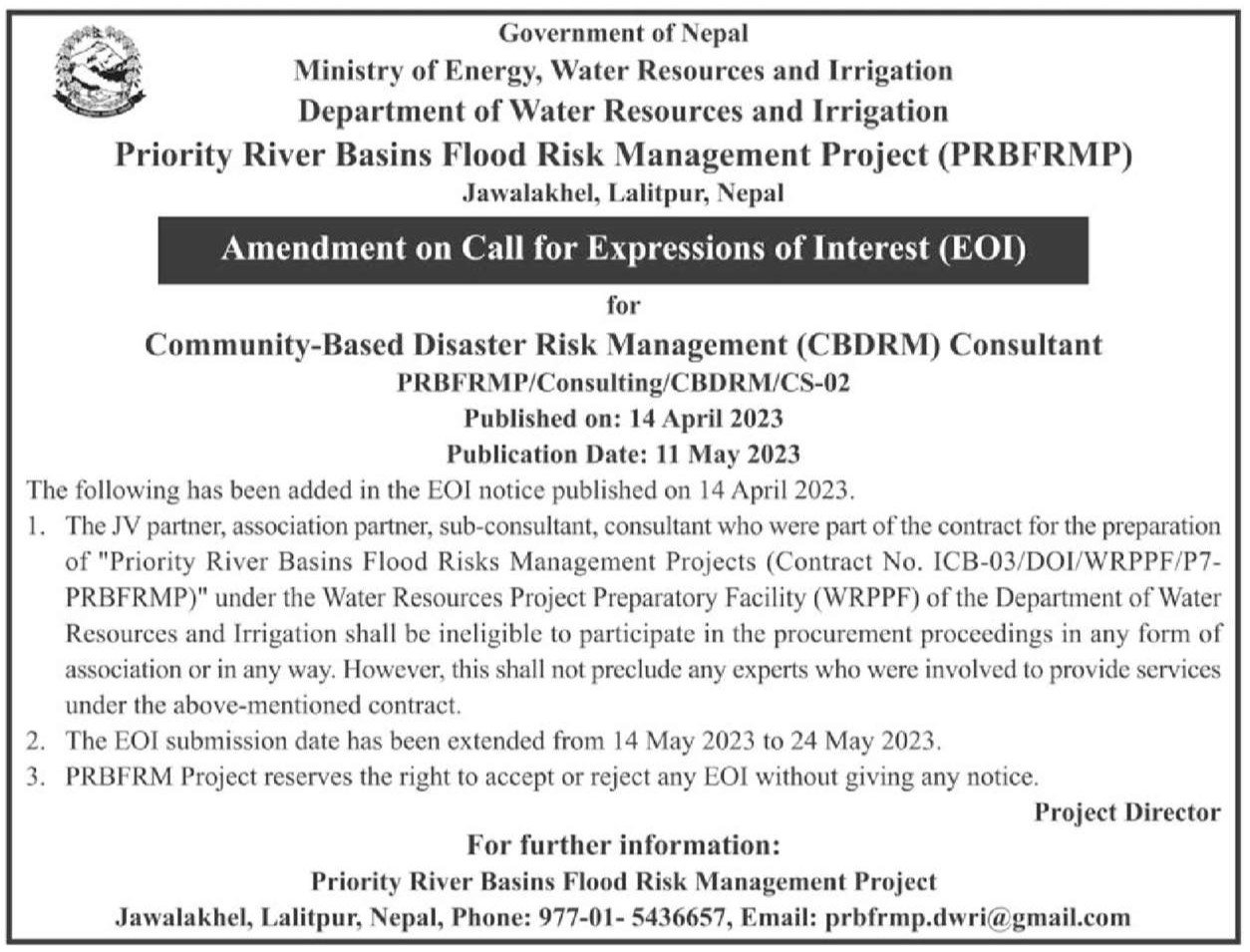 Amendment on Call for Expressions of Interest (EOI) for CBDRM Consultant