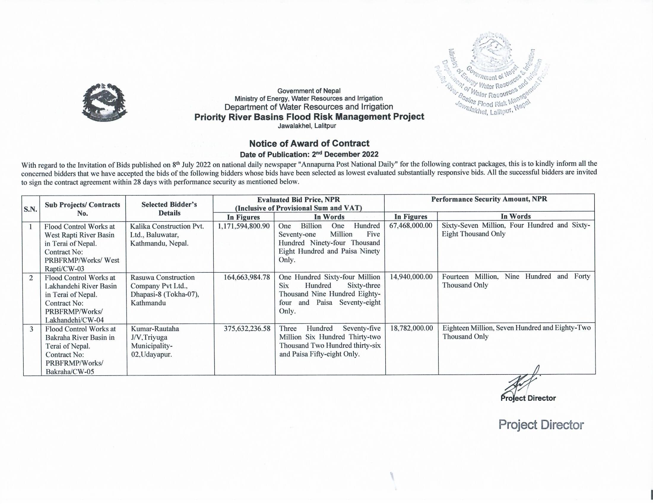 Notice of Award of Contract for CW-03, CW-04 and CW-05